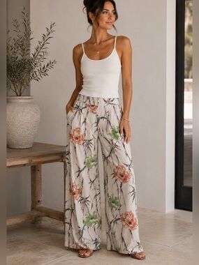 Anthropologie Mod-O-Doc 100% Silk Bamboo Floral Palazzo Pants